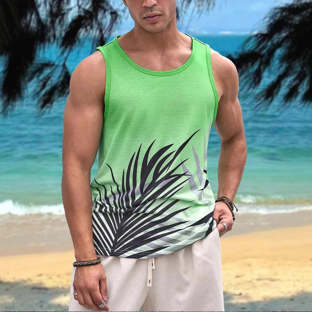Men's 3D printed Hawaiian-style sleeveless vest in solid colour polyester pinhole cloth