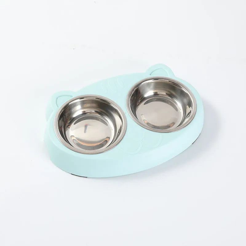 Blue, green, and pink macaron-shaped plastic double bowl pet feeding tray for cats and dogs.