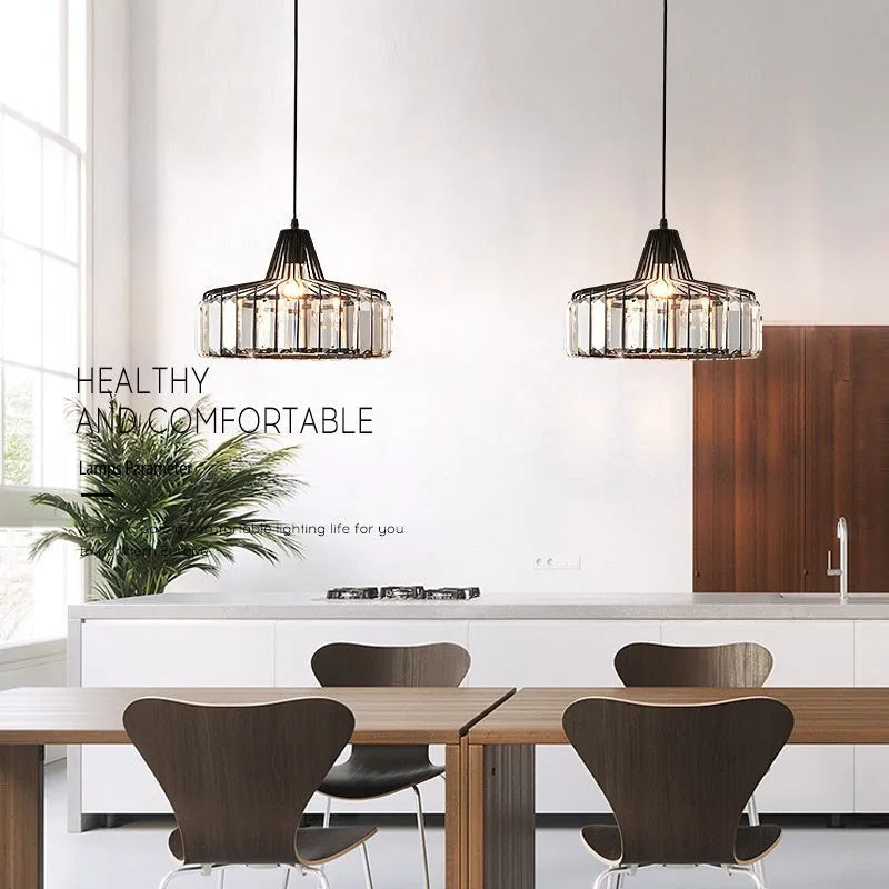 Crystal chandelier bedside lamp with iron framework and adjustable LED lighting in black finish