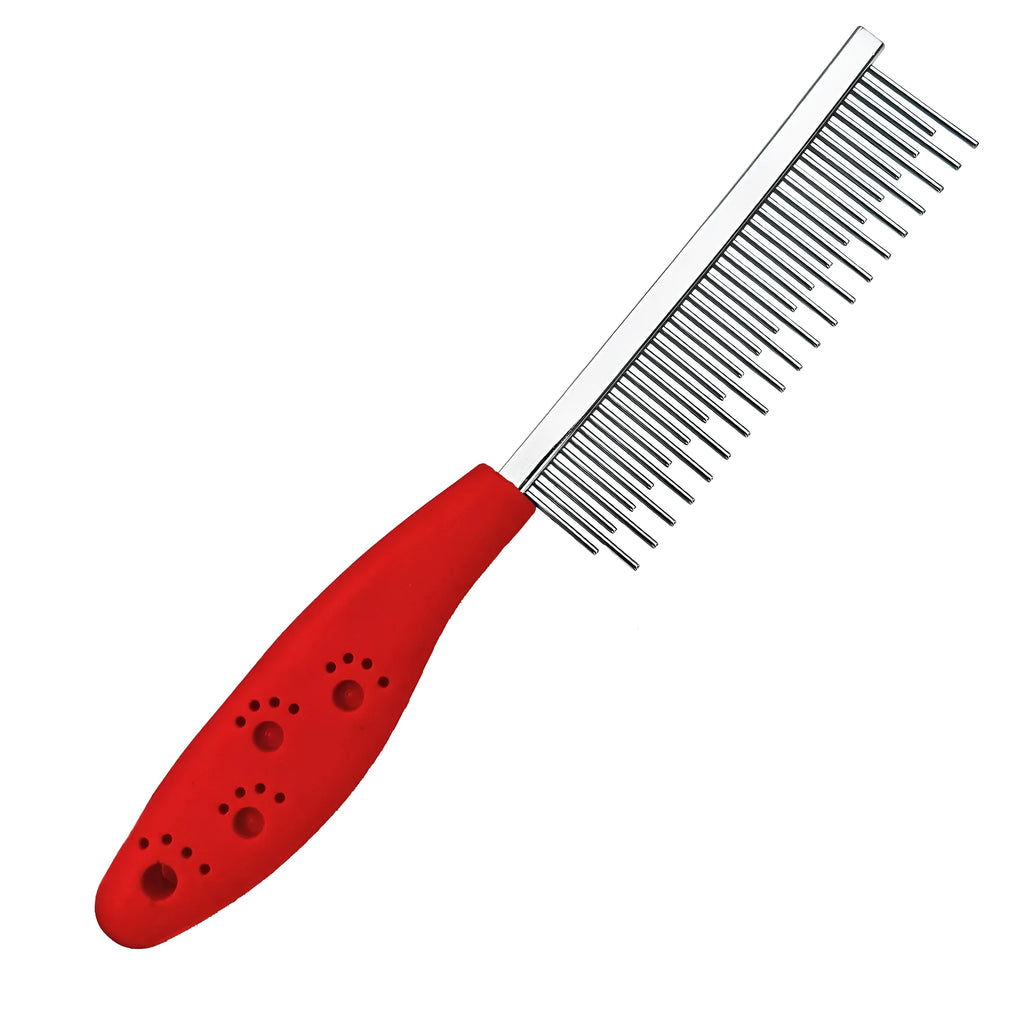Red plastic handled pet comb with stainless steel long and short teeth for dematting.