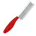Red plastic handled pet comb with stainless steel long and short teeth for dematting.