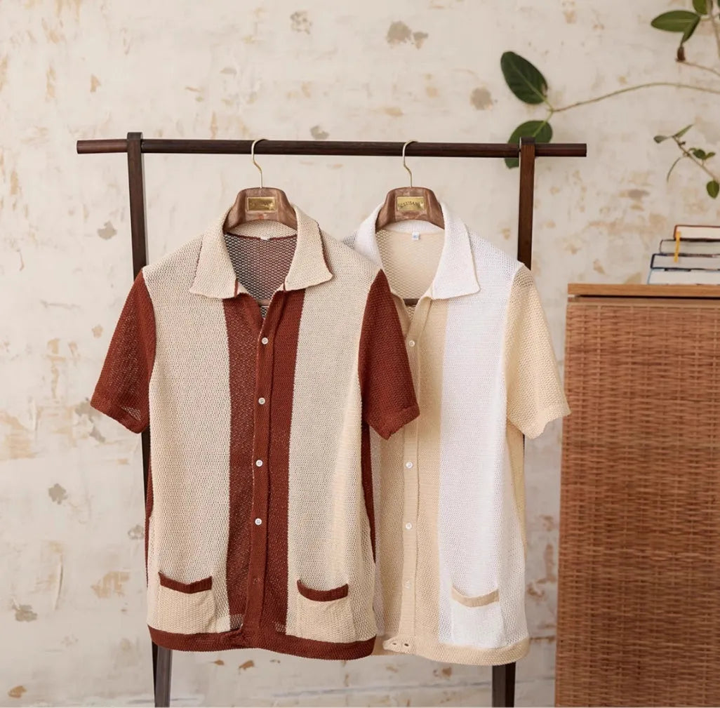 Beige women's short-sleeved cardigan with a lapel collar, made from a thin linen and cotton blend knit fabric.