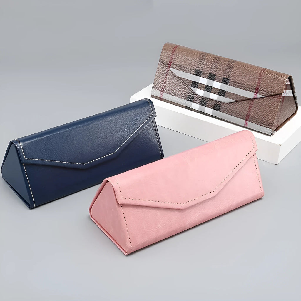 Handmade black triangular folding glasses case for full rim spectacles, shown open and closed.