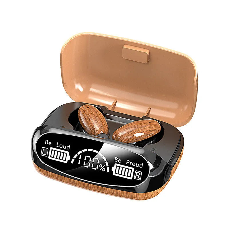 M35 wood grain Bluetooth wireless earbuds with charging case on wood background