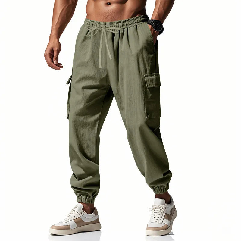 Men's linen cargo trousers with multi-pocket design in army green, black, navy blue, and yellowish brown