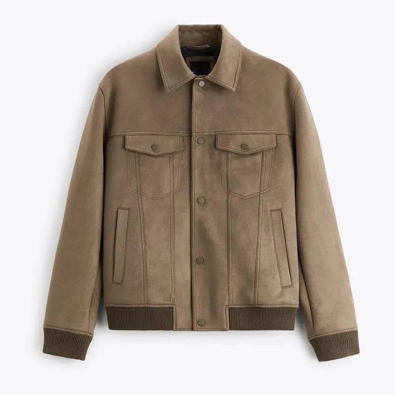 British style suede velvet commuter jacket in mink or light grey with spandex stretch fabric and long sleeves