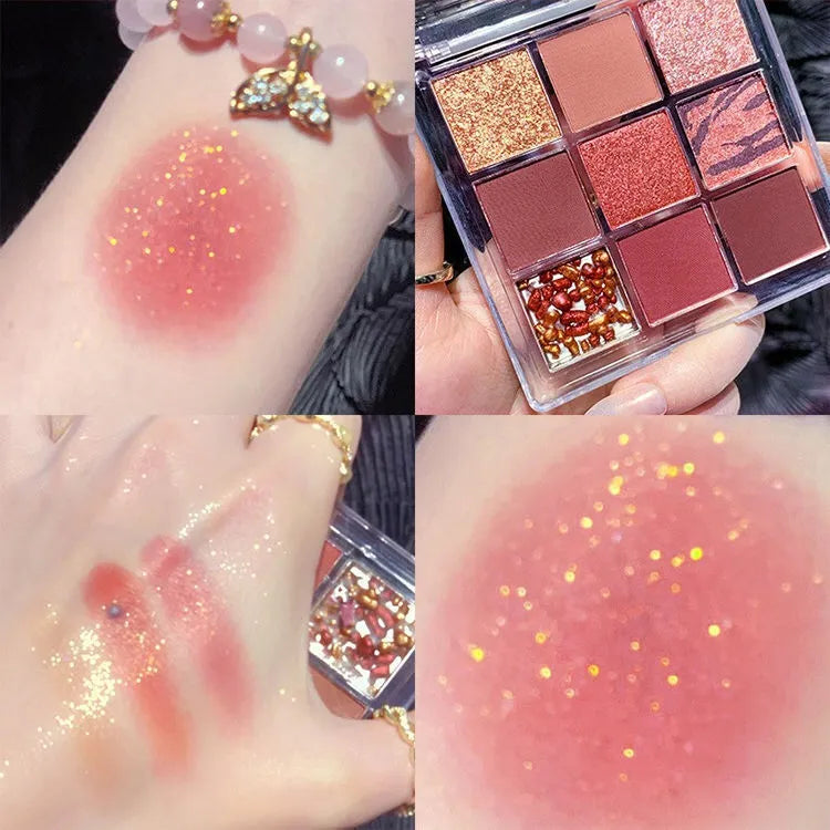 Nine colour eyeshadow palette in plastic case with sunset coral, red brown, cocoa and chocolate brown shades