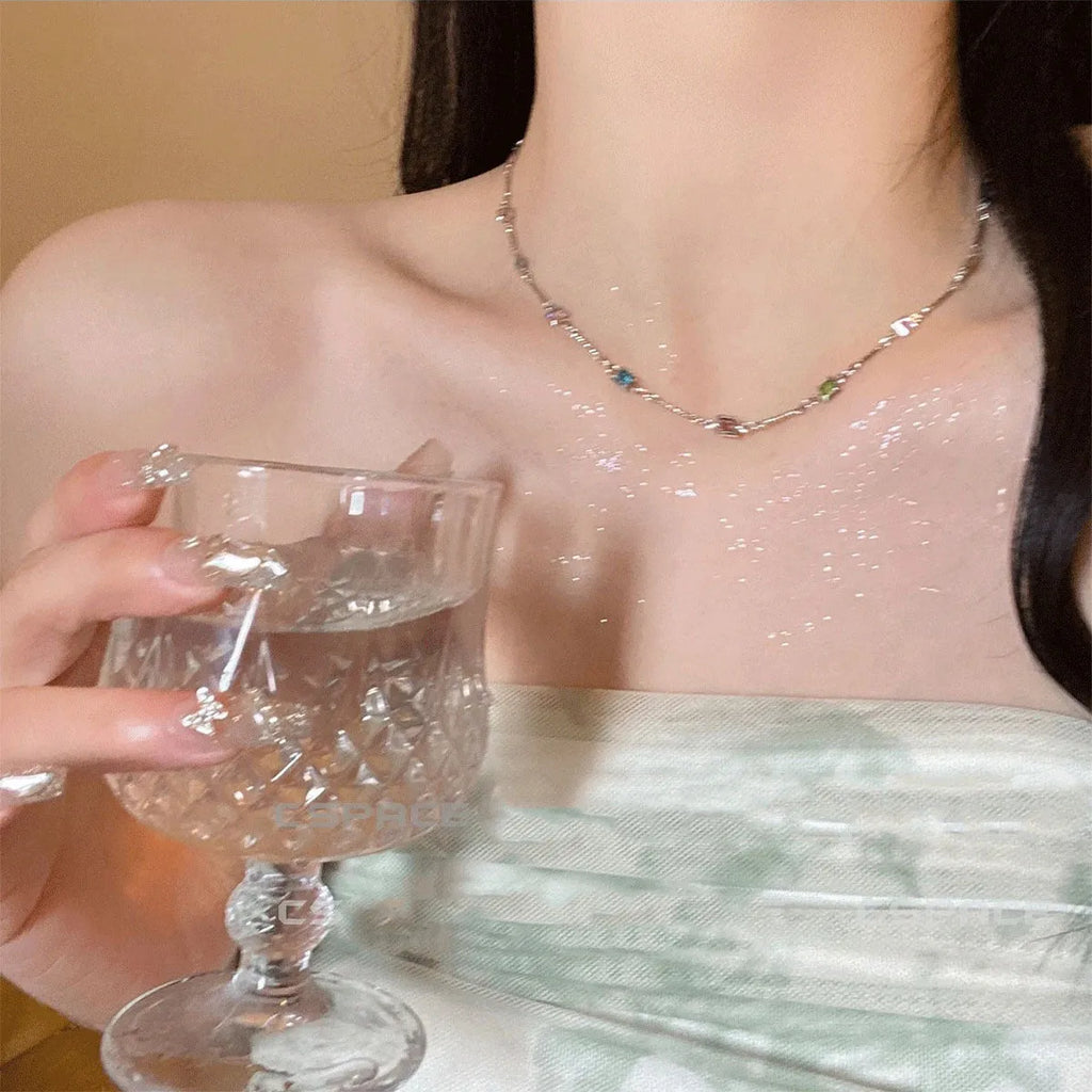 Square artificial crystal geometric clavicle chain necklace with gold plating