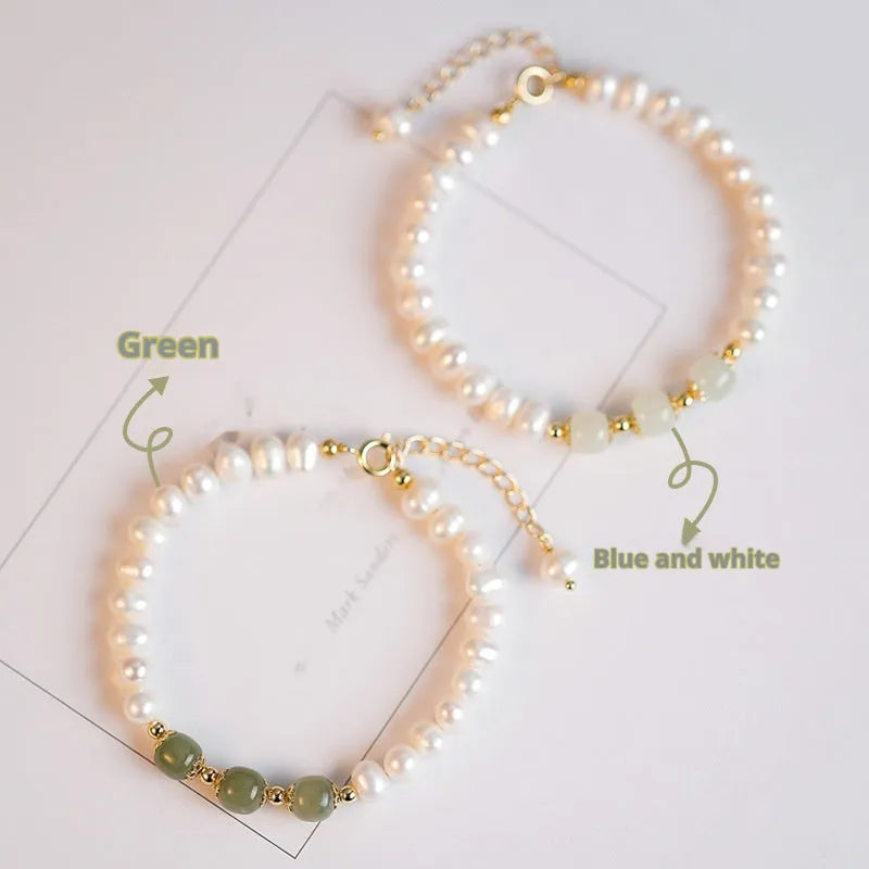 Natural freshwater pearl bracelet with diamond-shaped beads in deep and light Hetian jade green electroplated finish