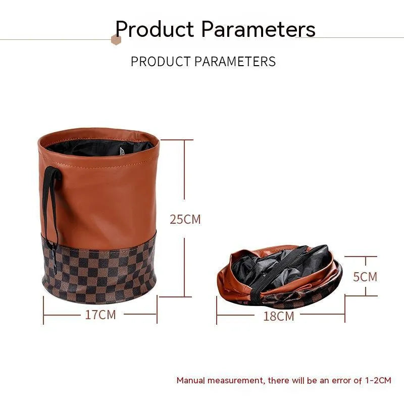 Retractable leather car interior bin showing waterproof construction with handle and folding mechanism
