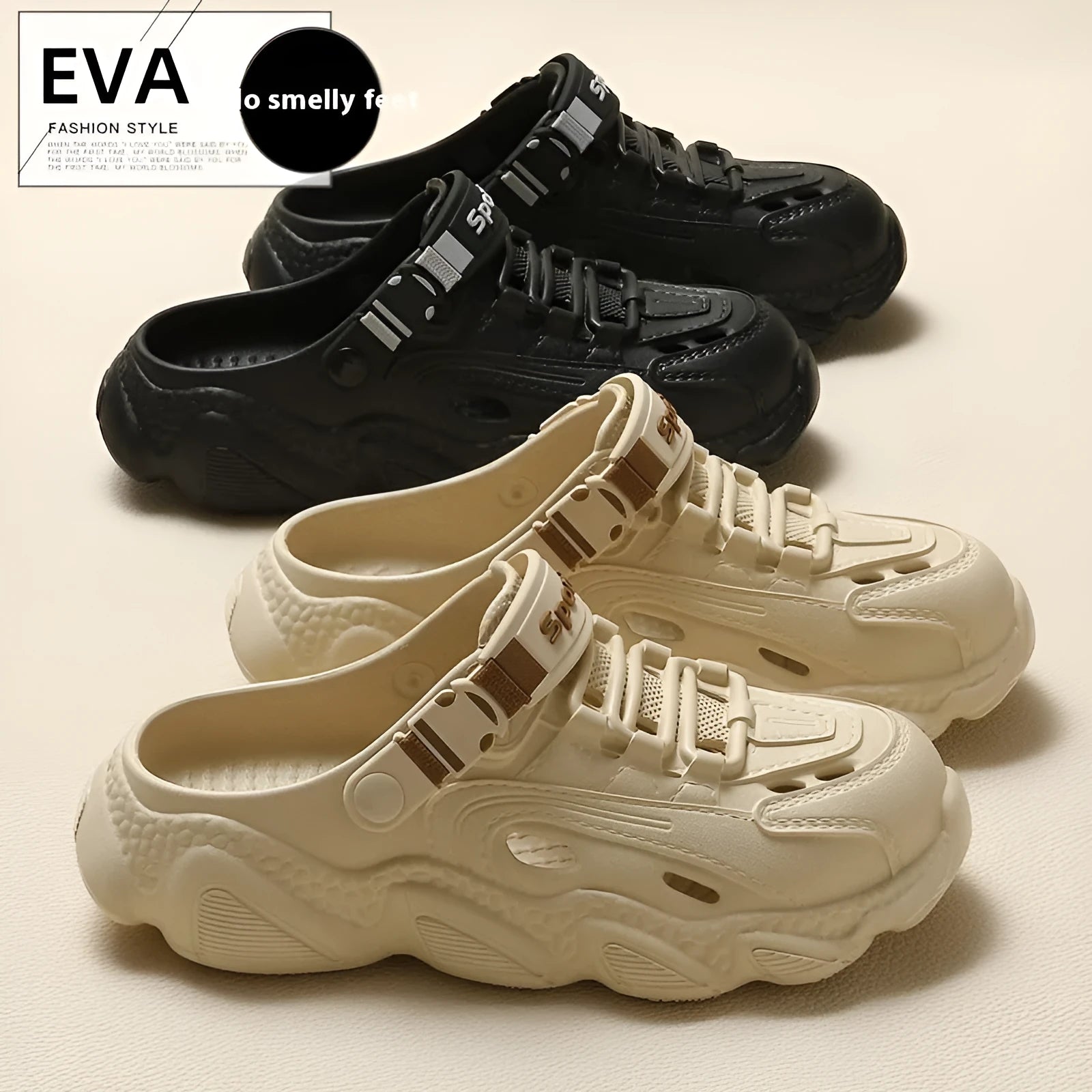 Men's khaki outdoor slippers showing hollow out breathable design and textured non-slip EVA sole.