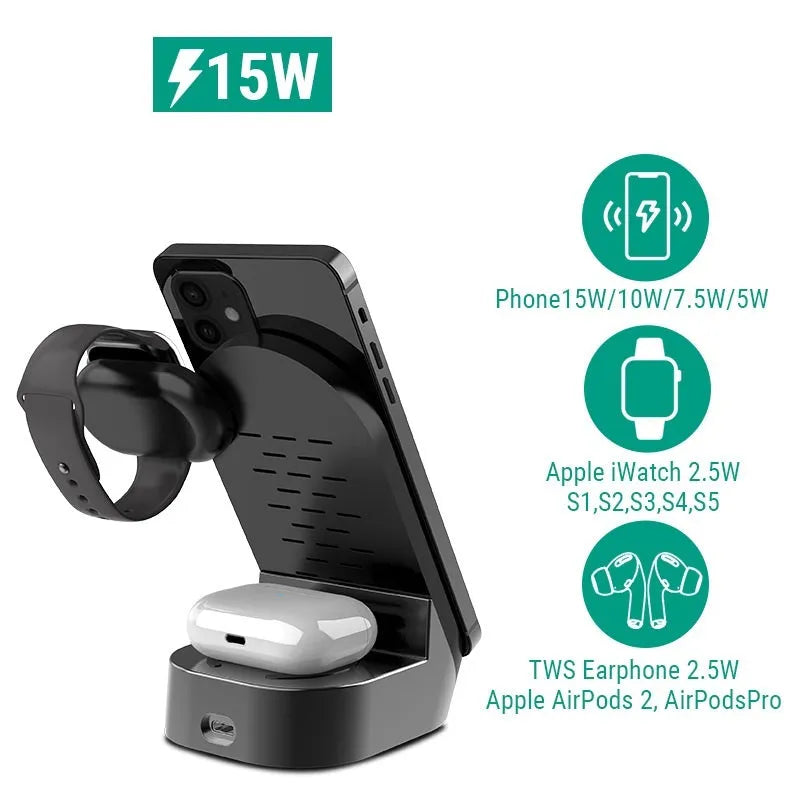 Black grey foldable 3-in-1 wireless charging stand with phone, headphone, and watch charging stations