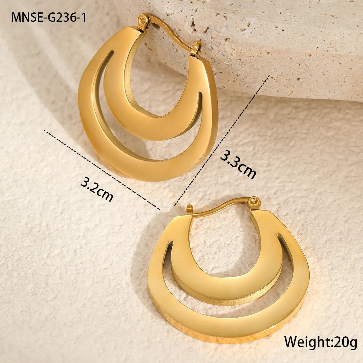 Geometric French earrings with gold plating on stainless steel, round ring design, 18K purity
