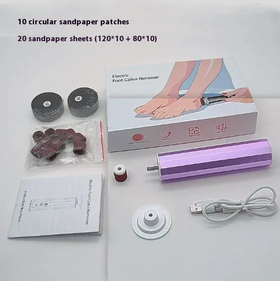 USB-powered electric callus remover tool with assorted sanding discs in pink, black, or purple colour.