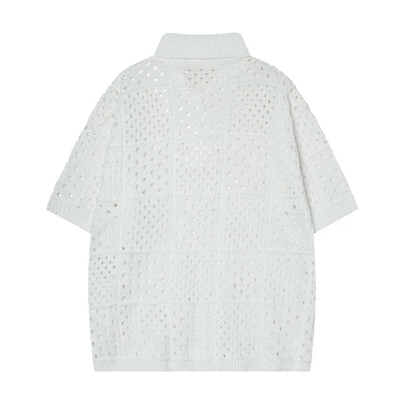 Solid colour loose-fit short-sleeved polo shirt with a hollow-knit design on a hanger.