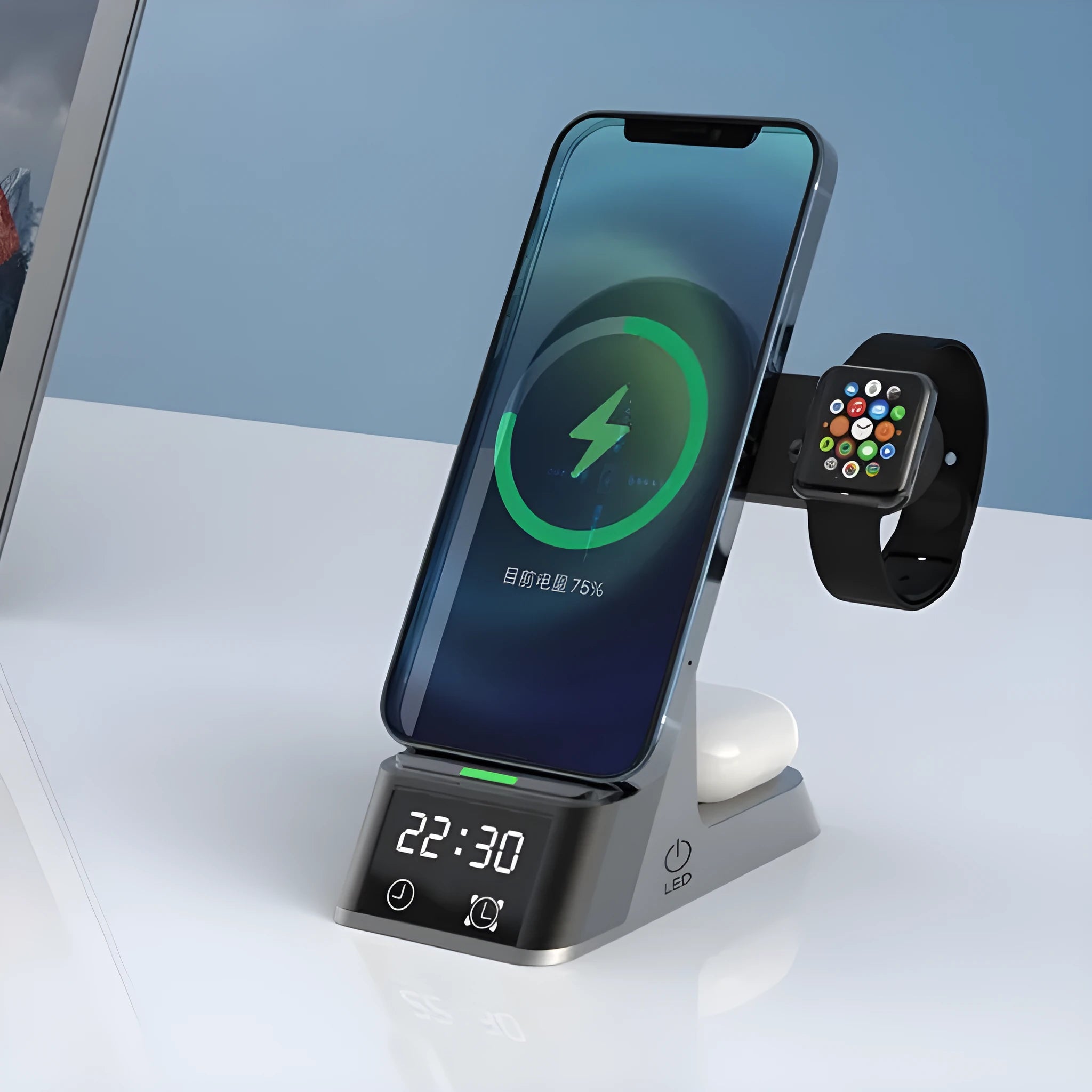 Black multifunctional wireless charging alarm clock with phone, watch, and earphone charging pads