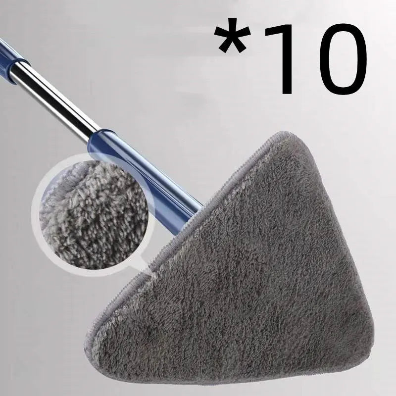 Blue extendable triangle cleaning mop with rotating head on stainless steel pole.