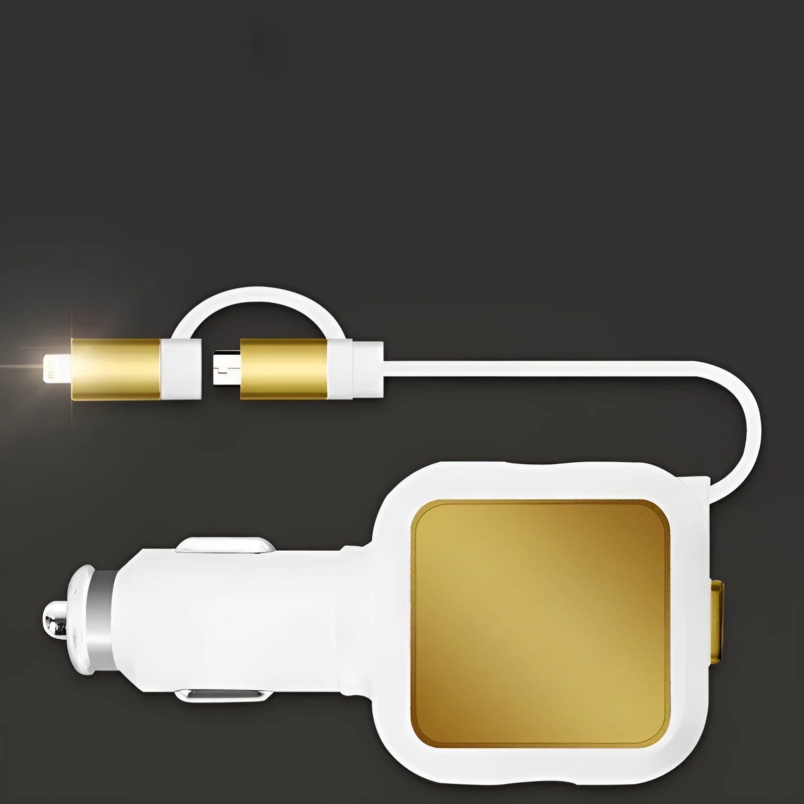Black and gold dual USB car charger with retractable cable shown plugged into vehicle power outlet