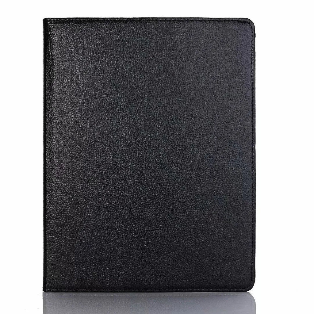 iPad rotating protective sleeve in imitation leather, showing clamshell design in solid colour options like black, blue, or pink.