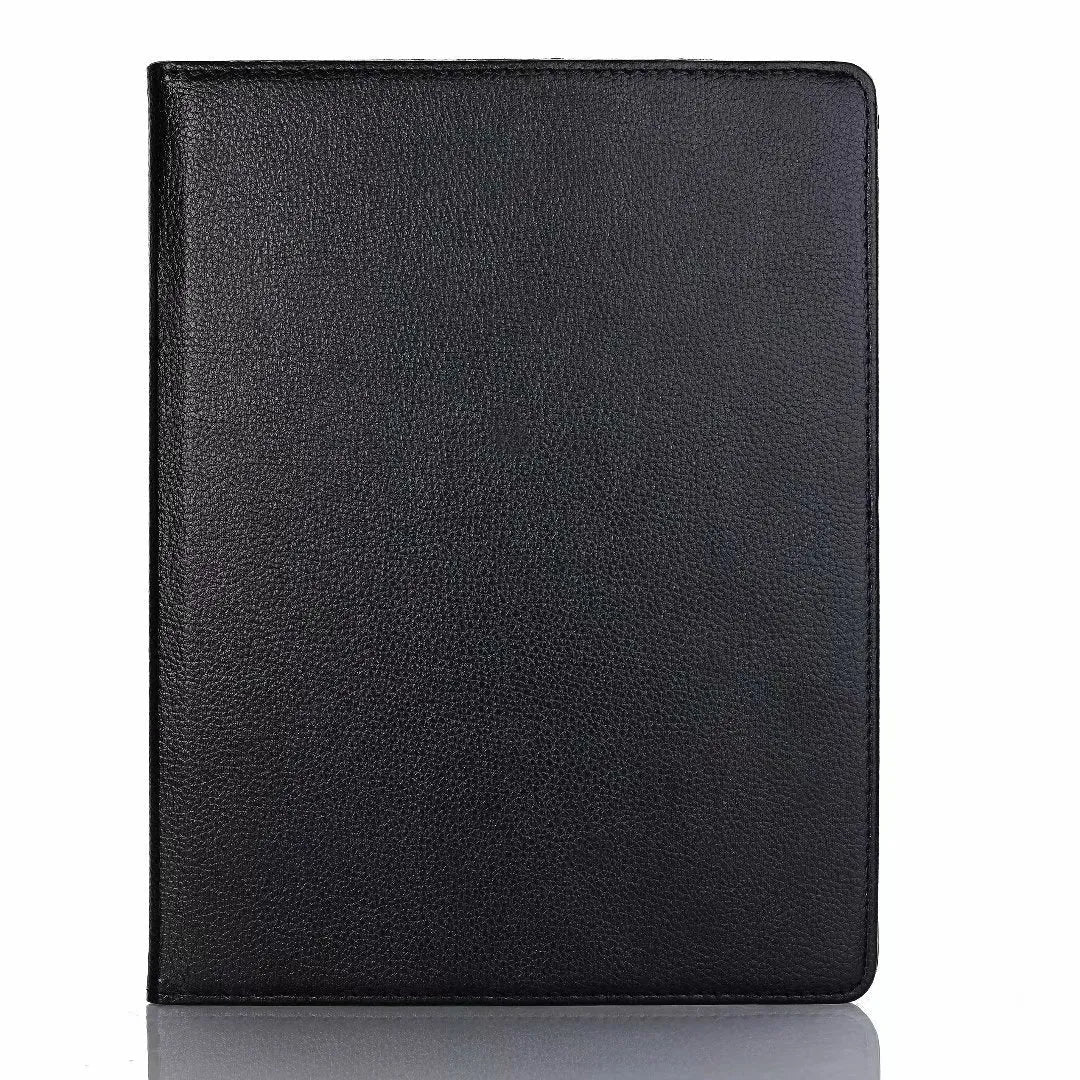 iPad rotating protective sleeve in imitation leather, showing clamshell design in solid colour options like black, blue, or pink.