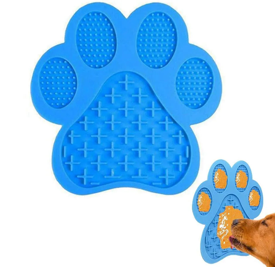 Square blue silicone dog licking mat with bone texture and suction cups on back.