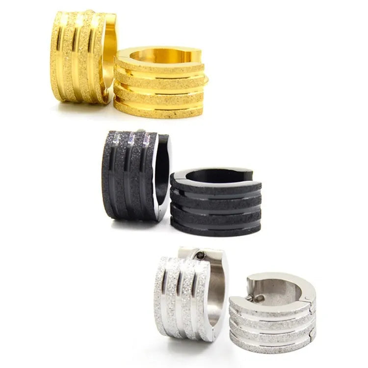 Korean style three-line frosted geometric earrings in titanium steel, showing black, gold and steel colour options