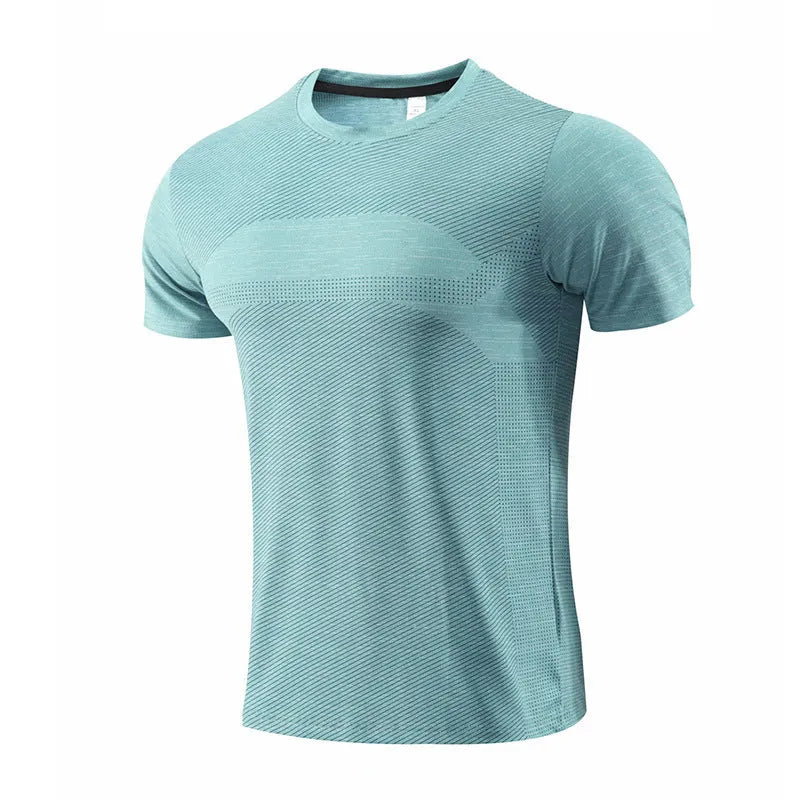 Men's short sleeve basketball T-shirt in polyester spandex, shown in red, on a mannequin.