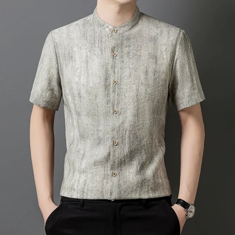 Men's loose linen-style cardigan in solid colour with stand collar, shown in black grey and white grey options