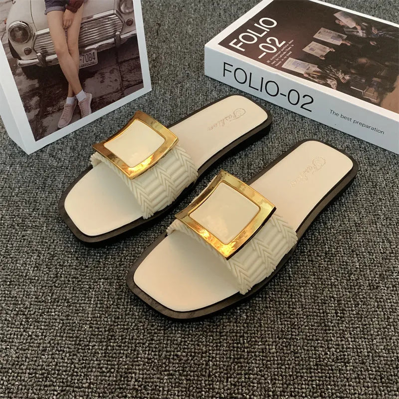 Women's apricot, black, and khaki flat summer slippers with a PVC sole.
