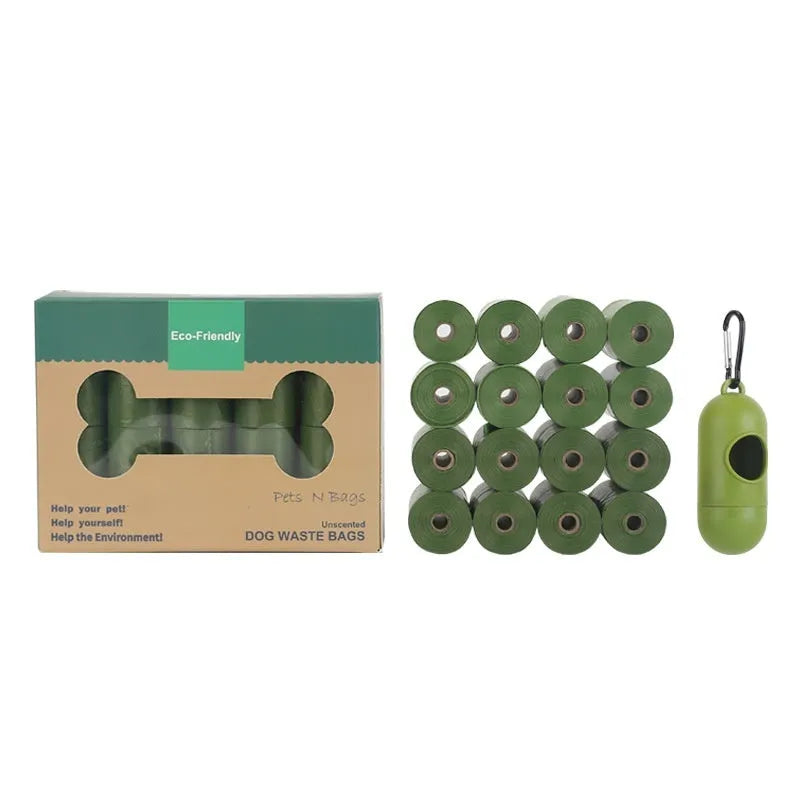 EPI degradable pet waste bag rolls in green, black, blue, and orange colours with a capsule dispenser.