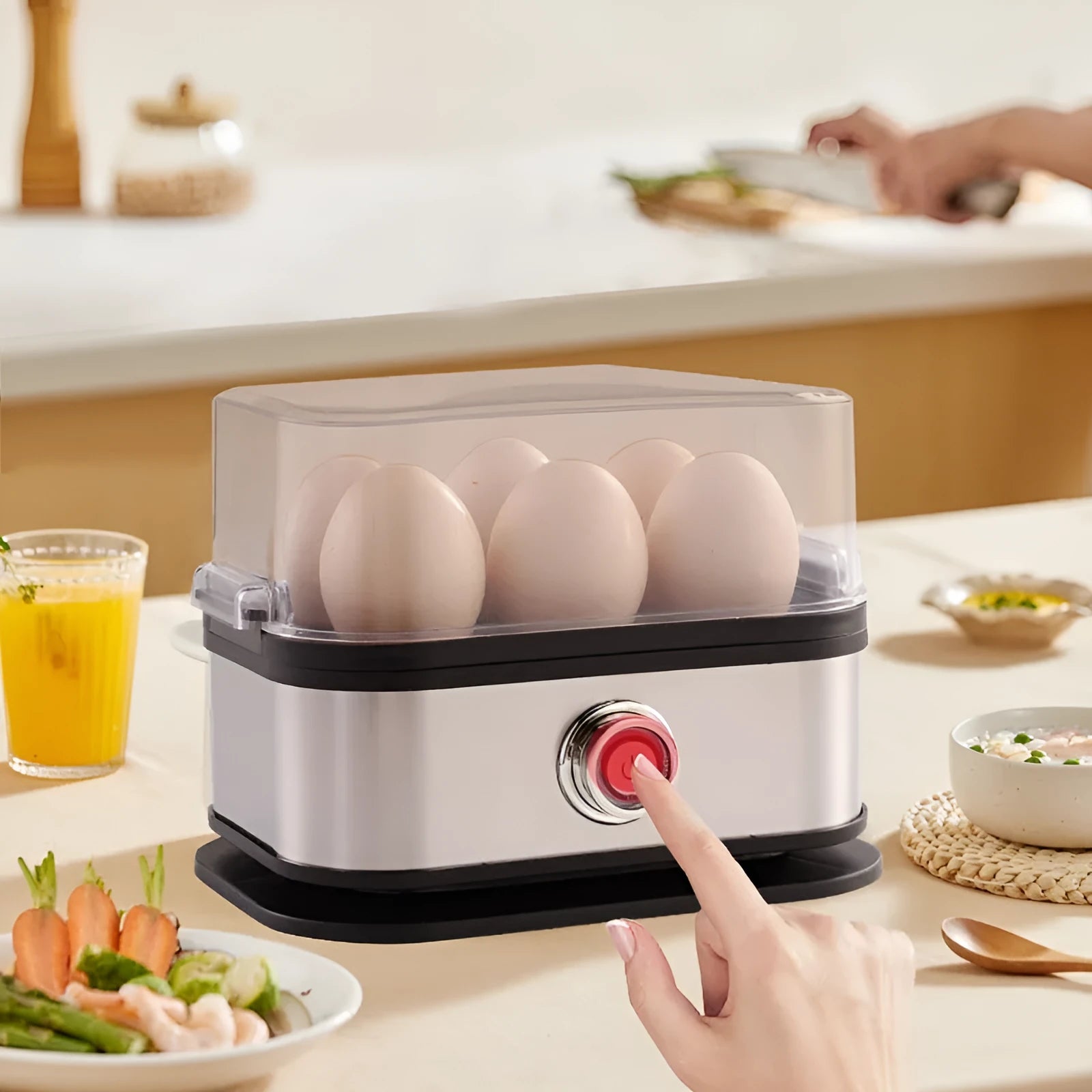 Black stainless steel portable egg boiler with UK plug and travel belt