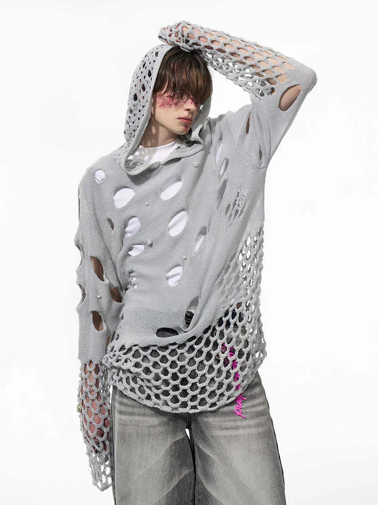 Men's black hooded sweater with pearl decoration, loose fit, thin knit spring hoodie