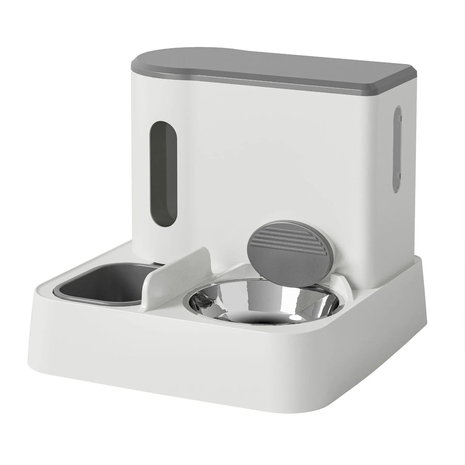 Grey automatic cat feeder and water dispenser station with integrated double bowls