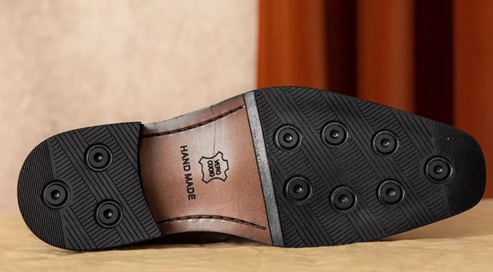 Men's black genuine leather slip-on loafers with rubber sole