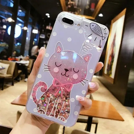 Bright glitter cat phone case for Apple iPhone 6, 7, 8, and X models.
