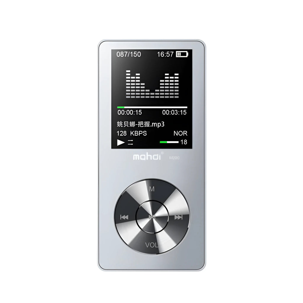 Portable MP3 music player in metal casing with 1.8-inch screen showing multi-language interface and audio format support