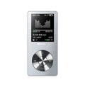 Portable MP3 music player in metal casing with 1.8-inch screen showing multi-language interface and audio format support
