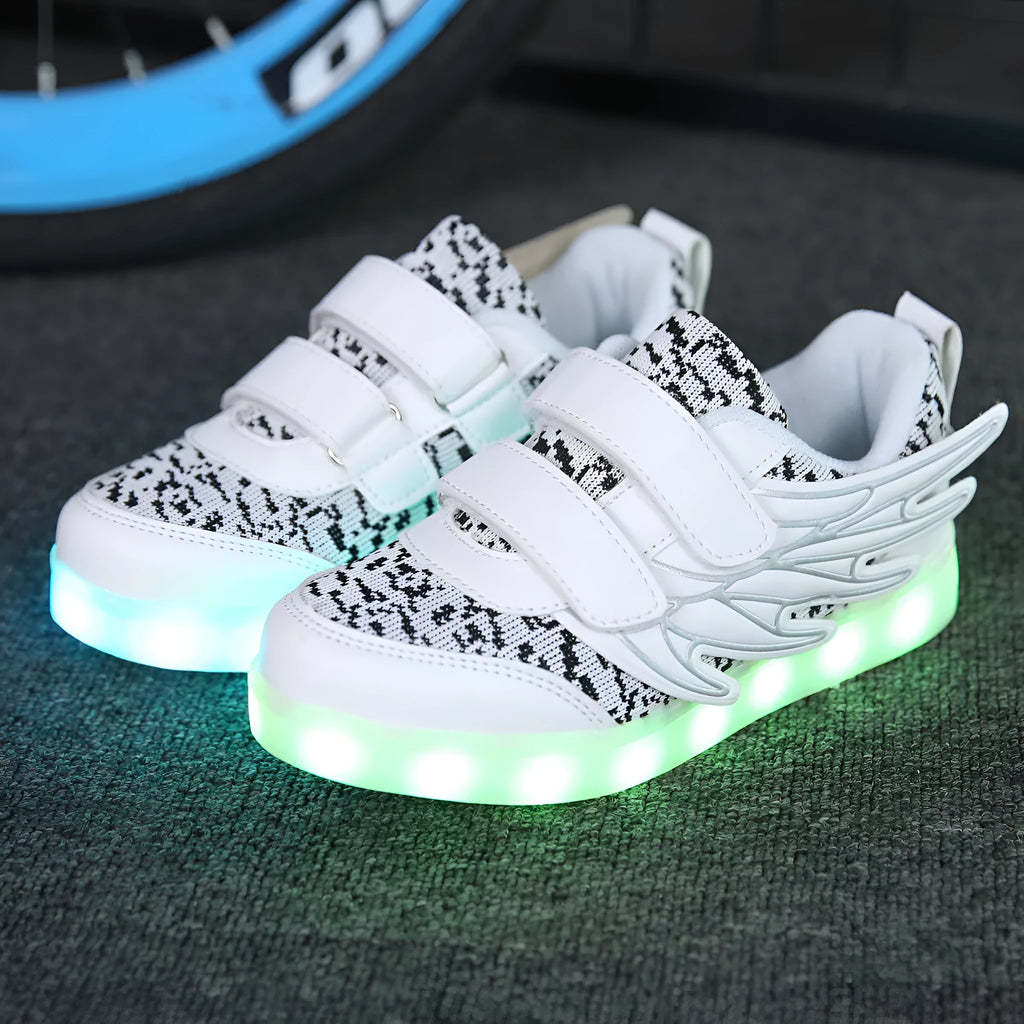 Children's plum red and white LED light up sneakers with USB charging port and hidden mode switch.
