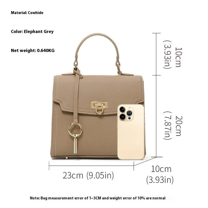 Elephant grey genuine leather crossbody bag with vintage lock and litchi pattern texture