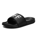 Large size men's personalised slippers with rubber sole and open toe design in black and white