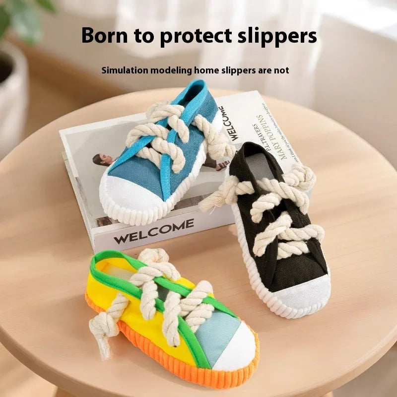 Plastic dog sound slippers chew toy with squeaker in three colour options