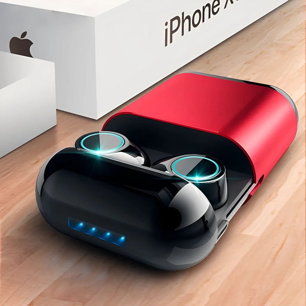 Black TWS Bluetooth wireless earplug earbuds with charging case on a grey background