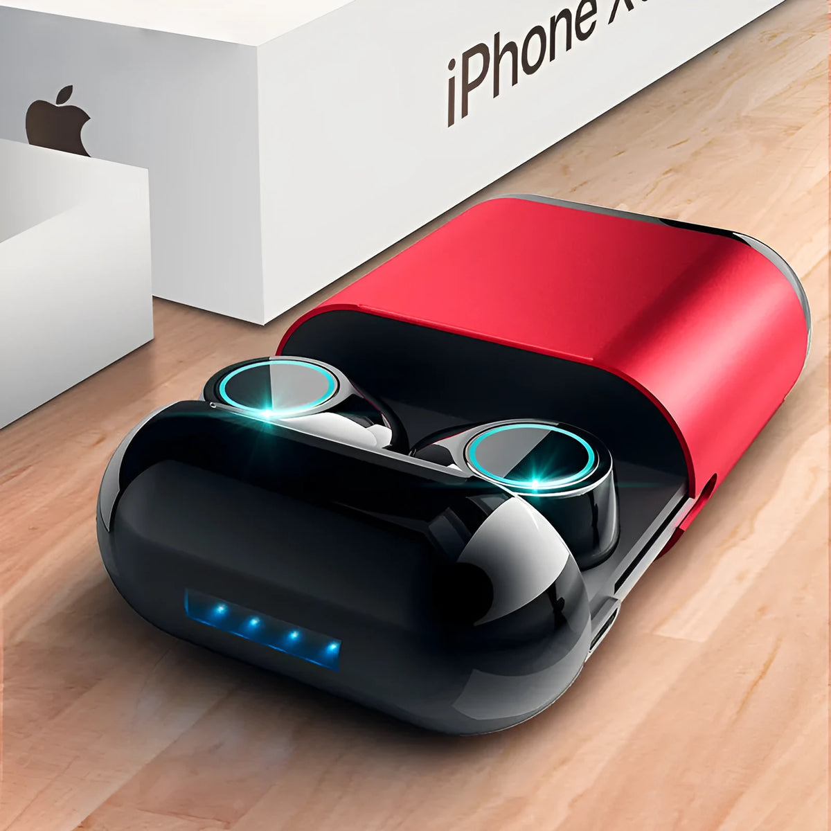 Black TWS Bluetooth wireless earplug earbuds with charging case on a grey background