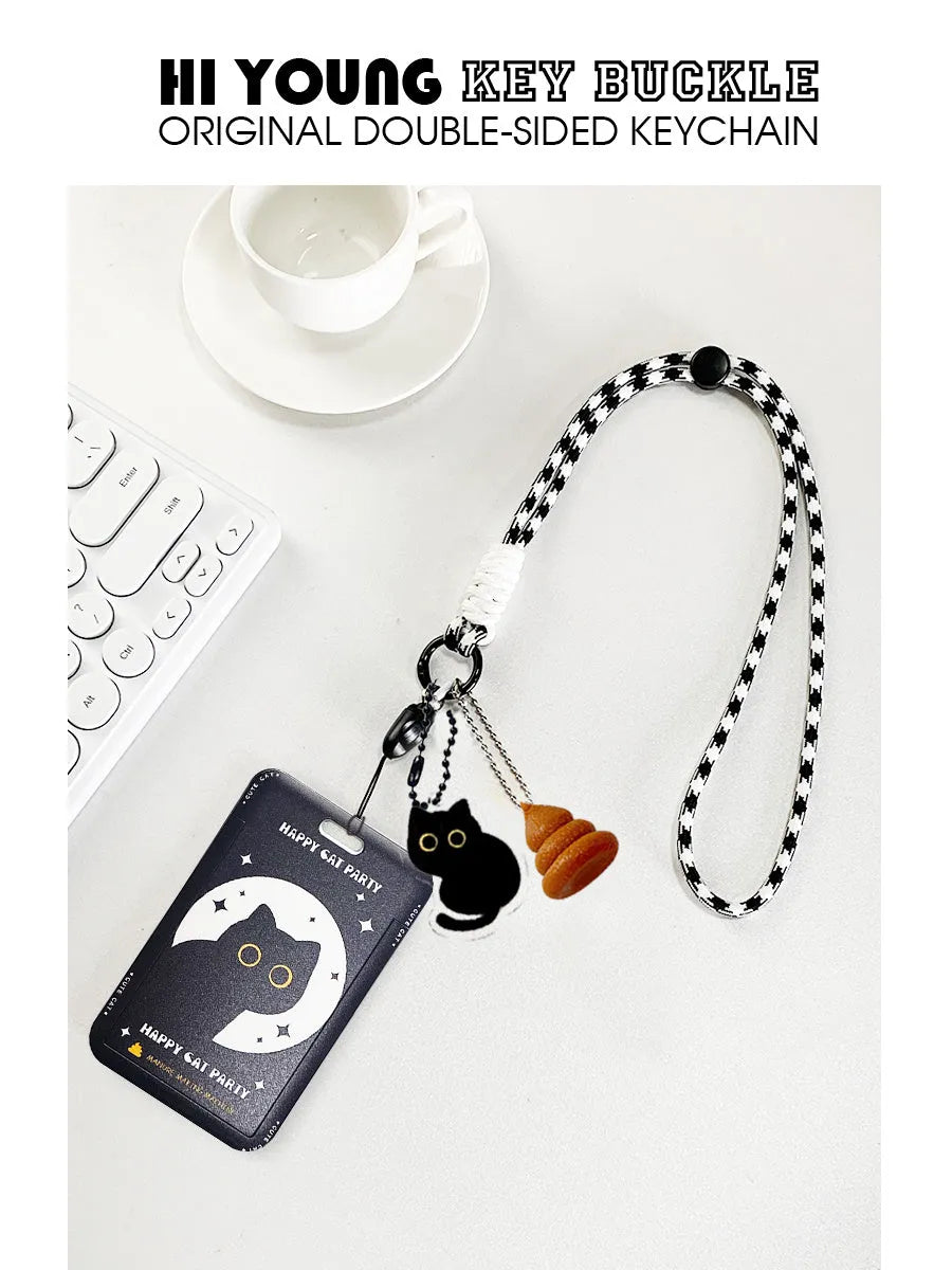Cartoon little black cat design plastic card holder with ferrule pendant attached.
