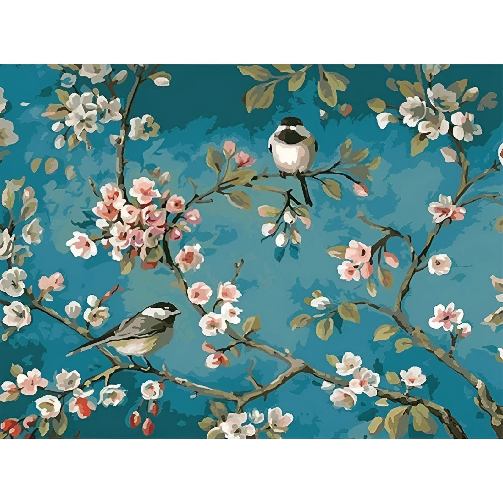 Blue abstract floral digital oil painting with birds on 40x50cm linen canvas