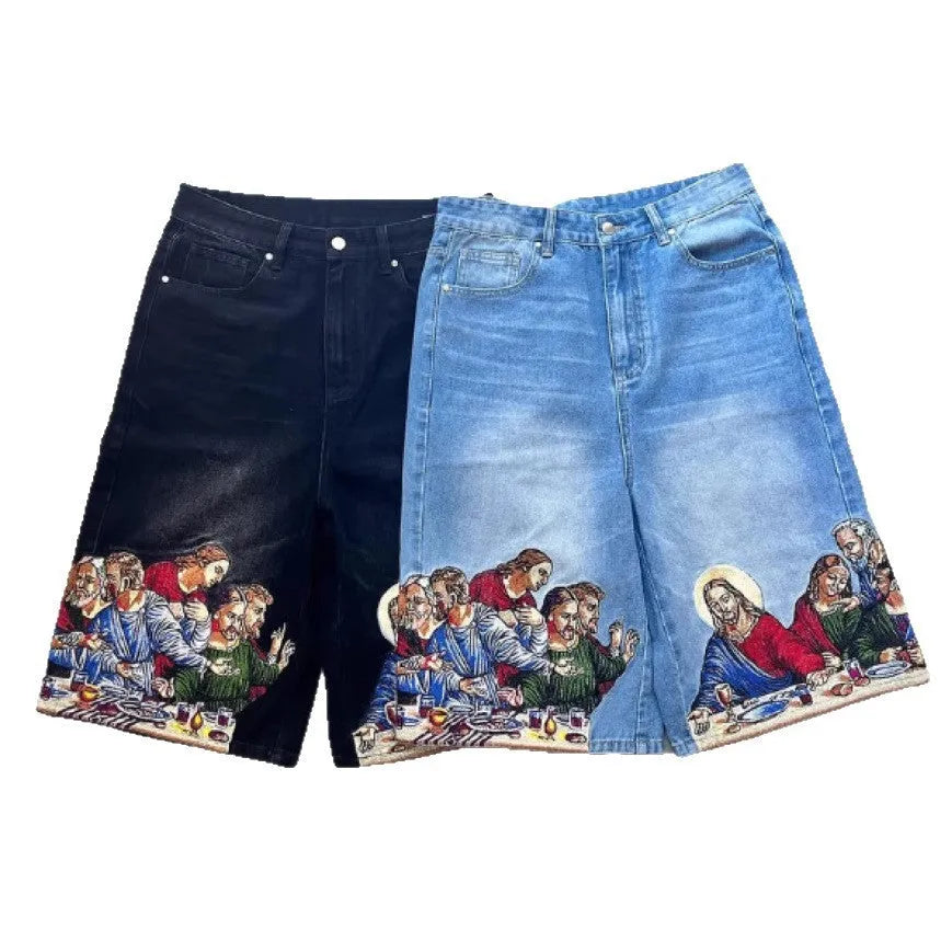 Blue tapered men's cotton shorts featuring a Jesus print design on the back pocket.