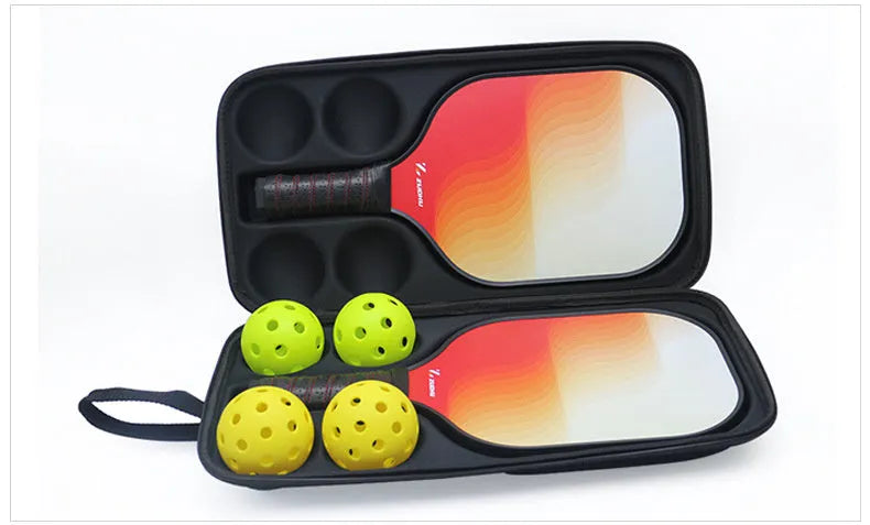 Black EVA pickleball shoulder bag holding one paddle and four balls with dual straps.
