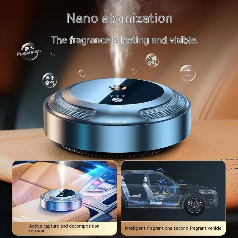 Car air freshener with automatic spray and zinc alloy shell measuring 89x35mm