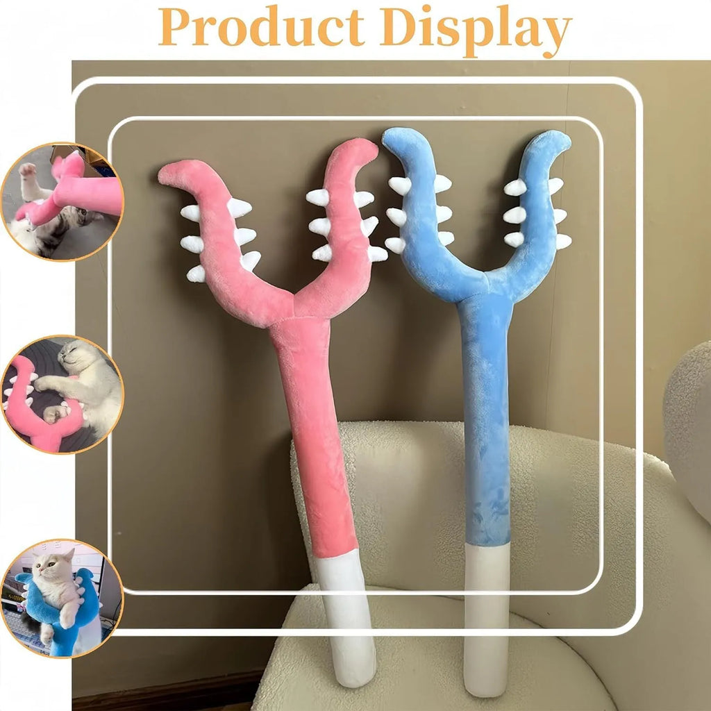 Blue and pink plush cat wand toy showing 70cm length with plush-wrapped construction