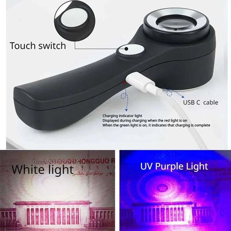 Black handheld magnifying glass with LED light for jewellery and coin appraisal.